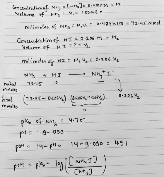 concentration of NH₃ = [NH₂] = 0.483 M = M, Volume of NH₃ = v= 150ml. milimoles of NH3 = M, V, = 0.483 x 150 = 72.45 mmol Con