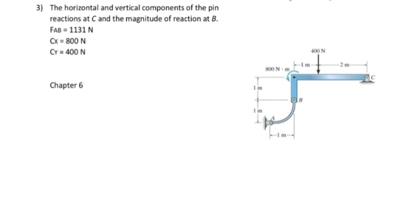 3) The horizontal and vertical components of the pin reactions at C and the magnitude of reaction at B FAB 1131N Cx 800 N CY 400 N 400 N 1 m 2 m 800 N nm Chapter 6 I m