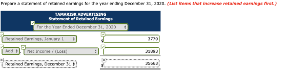 Prepare a statement of retained earnings for the year ending December 31, 2020. (List items that increase retained earnings f