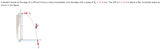 A student stands at the edge of a cliff and throws a stone horizontally over the edge with a speed of vo = 12.0 m/s. The cliff is h = 31.0 m above a flat, horizontal beach as shown in the figure.