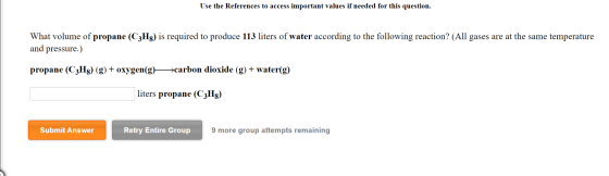 Use the References to access important values if needed for this question. What volume of propane (C3H8) is required to produ