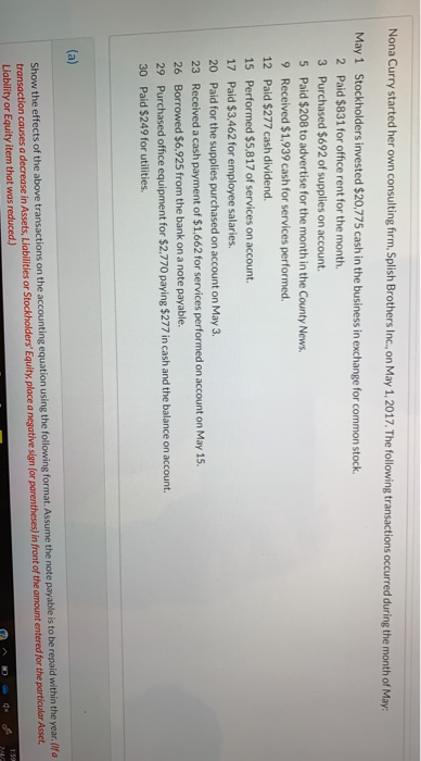 Nona Curry started her own consulting firm, Splish Brothers Inc., on May 1, 2017. The following transactions occurred during