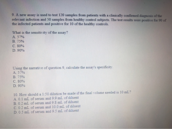 9. A new assay is used to test 120 samples from patients with a clinically confirmed diagnosis of the relevant infection and