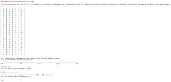 Reserve Problems Chapter 12 Section 1 Problem 11 An article in Technometrics (1974, Vol. 16, pp. 523-531) considered the foll