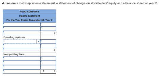 d. Prepare a multistep income statement, a statement of changes in stockholders equity and a balance sheet for year 2. REDD