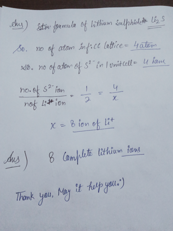 h)stiv oemula 6f lithium Sulphicleto Lizs So. no lattice= 4atam atom d0. no of atom ot Sin |Unid Cell uhan ho.ot fetn S2- 4 n