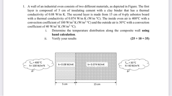 1. A wall of an industrial oven consists of two different materials, as depicted in Figure. The first layer is composed of 5