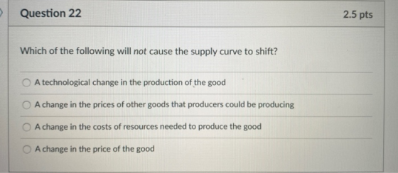 Question 22 2.5 pts Which of the following will not cause the supply curve to shift? A technological change in the production