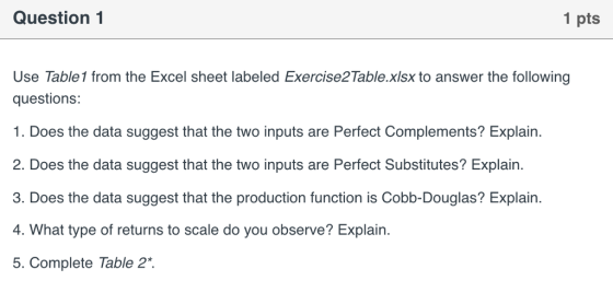 Question 1 1 pts Use Table1 from the Excel sheet labeled Exercise2Table.xlsx to answer the following questions: 1. Does the data suggest that the two inputs are Perfect Complements? Explain. 2. Does the data suggest that the two inputs are Perfect Substitutes? Explain. 3. Does the data suggest that the production function is Cobb-Douglas? Explain. 4. What type of returns to scale do you observe? Explain. 5. Complete Table 2