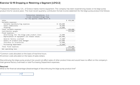 Exercise 12-15 Dropping or Retaining a Segment (L012-2] Thalassines kataskeves, S.A., of Greece makes marine equipment. The c