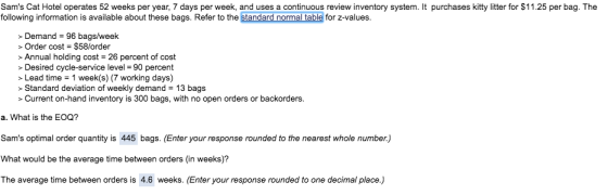 Sams Cat Hotel operates 52 weeks per year, 7 days per week, and uses a continuous review inventory system. It purchases kitt