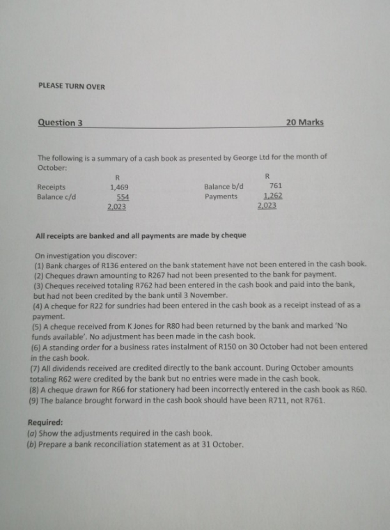 PLEASE TURN OVER Question 3 20 Marks The following is a summary of a cash book as presented by George Ltd for the month of Oc