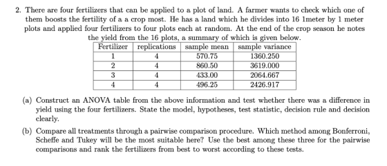 2. There are four fertilizers that can be applied to a plot of land. A farmer wants to check which one of them boosts the fertility of a a crop most. He has a land which he divides into 16 1meter by 1 meter plots and applied four fertilizers to four plots each at random. At the end of the crop season he notes the yield from the 16 plots, a summary of which is given below. Fertilizer replications sample mean sample variance 570.75 860.50 433.00 496.25 1360.250 3619.000 2064.667 2426.917 4 4 4 (a) Construct an ANOVA table from the above information and test whether there was a difference in yield using the four fertilizers. State the model, hypotheses, test statistic, decision rule and decision clearly. (b) Compare all treatments through a pairwise comparison procedure. Which method among Bonferroni, Scheffe and Tukey will be the most suitable here? Use the best among these three for the pairwise comparisons and rank the fertilizers from best to worst according to these tests