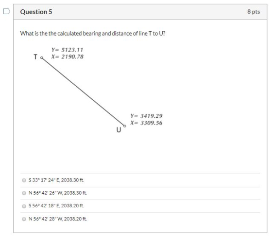 Question 5 8 pts What is the the calculated bearing and distance of line T to U? Y= 5123.11 Ta X= 2190.78 Y= 3419.29 X= 3309.