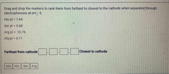 Drag and drop the markers to rank them from farthest to closest to the cathode when separated through electrophoresis at pH =