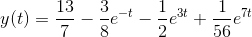 y(t)=\frac{13}{7}-\frac{3}{8}e^{-t}-\frac{1}{2}e^{3t}+\frac{1}{56}e^{7t}