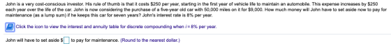 John is a very cost-conscious investor. His rule of thumb is that it costs $250 per year, starting in the first year of vehic