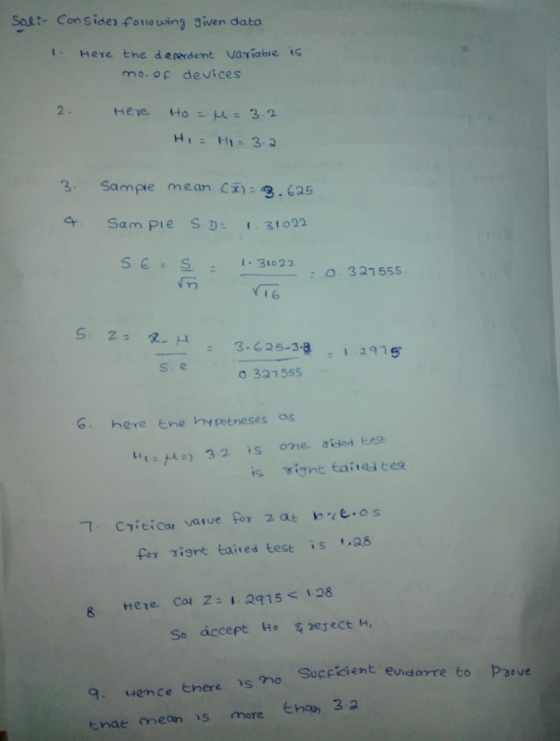 Sesi Con sises fousuing Siven sato 1. Heve the deperdent uariabie ίς mo.of devices 2 3 Sampie mean Cz 3.625 Sam Pie SD31o22 : o 327 555 s.e 327555 6. here the hypotneses os n Suceicient eidarre to Paeve 9 uence there s tnae en is more hah3a