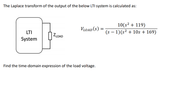 The Laplace transform of the output of the below LTI system is calculated as: 10(52 + 119) VLOAD(s) = (s – 1)(s2 + 10s + 169)
