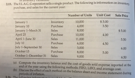 of invenry Valuation. 2.15. The F.L.A.C. Corporation sells a single product. The following is information on inventory purcha