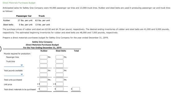 Direct Materials Purchases Budget Anticipated sales for Safety Grip Company were 44,000 passenger car tires and 13,000 truck