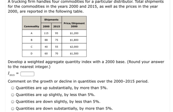 A trucking firm handles four commodities for a particular distributor. Total shipments for the commodities in the years 2000