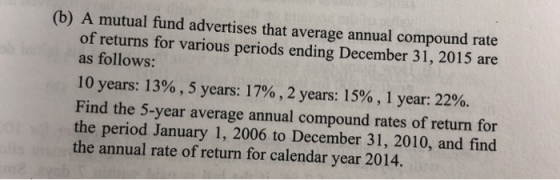 (b) A mutual fund advertises that average annual compound rate of returns for various periods ending December 31, 2015 are as