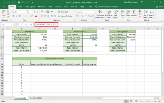 AutoSave O X e06ch11 grader hl_Loans_LastFirst Excel Dola Dileep Kumar Tell me what you want to do LShare File Home Insert Pa