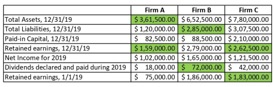 Total Assets, 12/31/19 Total Liabilities, 12/31/19 Paid-in Capital, 12/31/19 Retained earnings, 12/31/19 Net Income for 2019