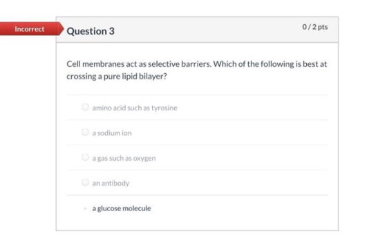 Incorrect Question 3 0/2 pts Cell membranes act as selective barriers. Which of the following is best at crossing a pure lipi
