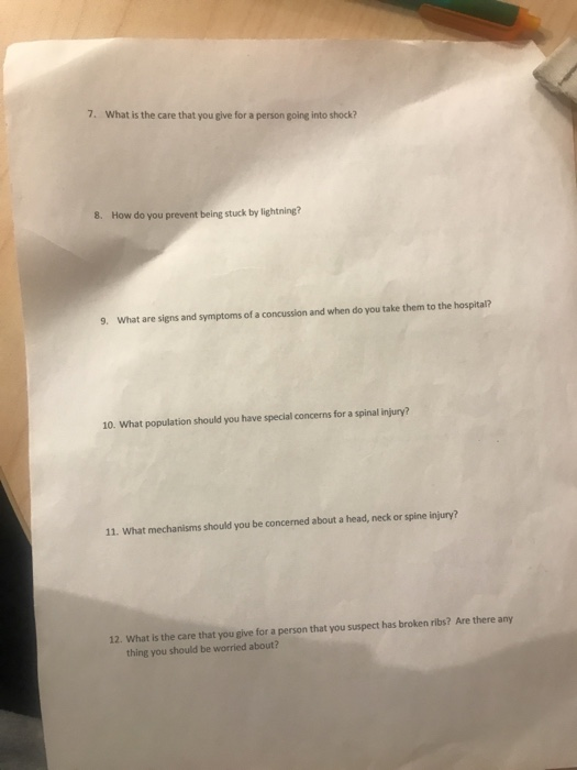 7. What is the care that you give for a person going into shock? 8. How do you prevent being stuck by lightning? 9. What are