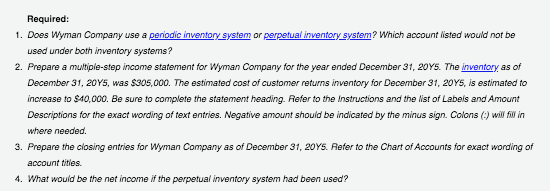 Required: 1. Does Wyman Company use a periodic inventory system or perpetual inventory system? Which account listed would not