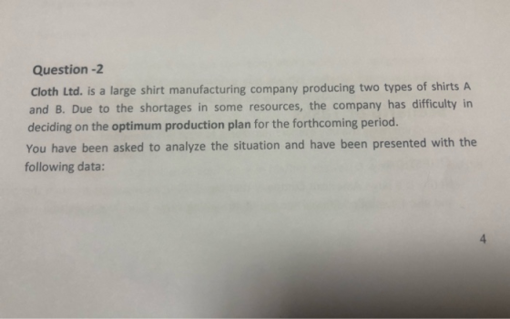 Question -2 Cloth Ltd. is a large shirt manufacturing company producing two types of shirts A and B. Due to the shortages in