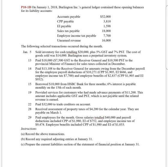 P10-1B On January 1, 2018, Burlington Inc.s general ledger contained these opening balances for its liability accounts: Acco