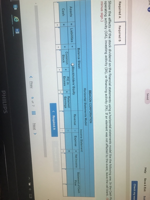 Saved Help Save & Exit Sul Check my wor Required A Required B Show the effects of the stock dividend on the financial stateme