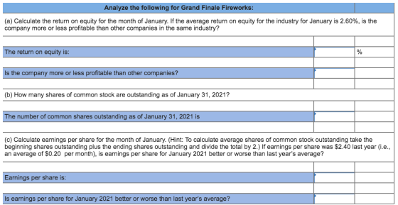 Analyze the following for Grand Finale Fireworks: (a) Calculate the return on equity for the month of January. If the average