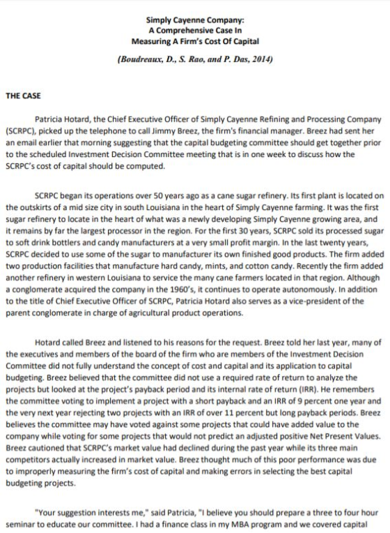 Simply Cayenne Company: A Comprehensive Case In Measuring A Firms Cost Of Capital (Boudreaux, D., S. Rao, and P. Das, 2014)