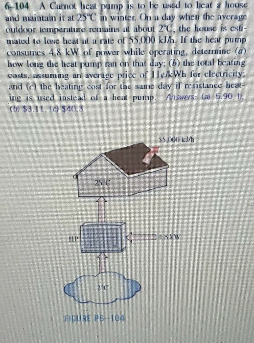 6-104 A Camot heat pump is to be used to bcat a house and nutintain it at 25% in winter. On a day which the average outdoor t