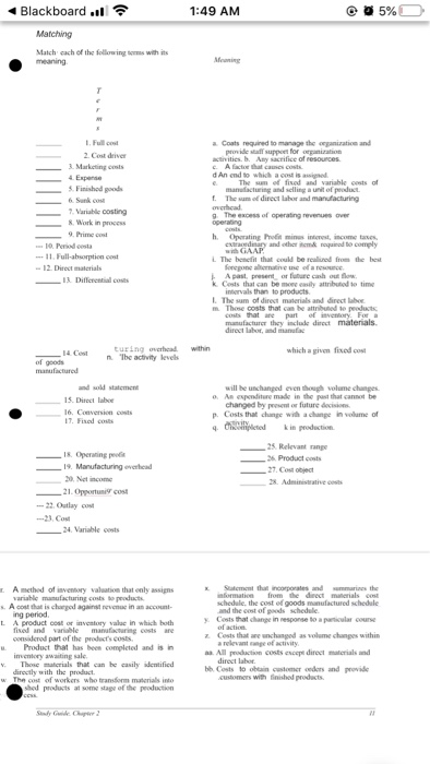 1:49 AM 5% Blackboard .il Matching Match cach of the following terms with its meaning Meie 1. Full 2. Cest driver 3. Marketin