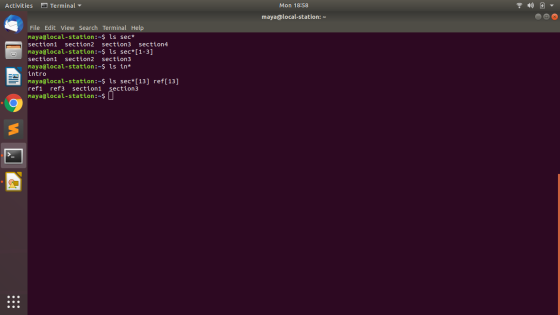 Activities Terminal Mon 18:58 maya@local-station: - File Edit View Search Terminal Help maya@local-station:~$ ls sec* section