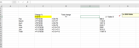 E5 fr A B с D E F i.e 2019 Sales Total change TY 1 2 3 4 5 6 7 8 9 10 11 12 13 14 15 16 17 18 19 Feb March April May June Jul