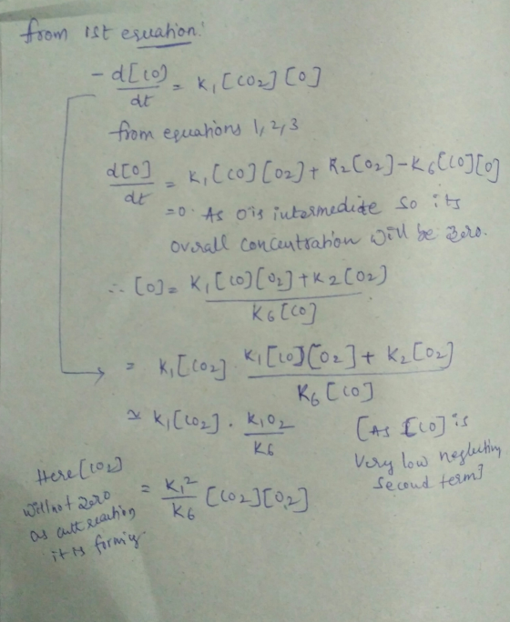 at from ist esuation. - d[10) K, [co.] [o] from equations 1,2,3 ato ki [co] [02] + K2 [02]-K GELOJ 07. o As ois intermedide s