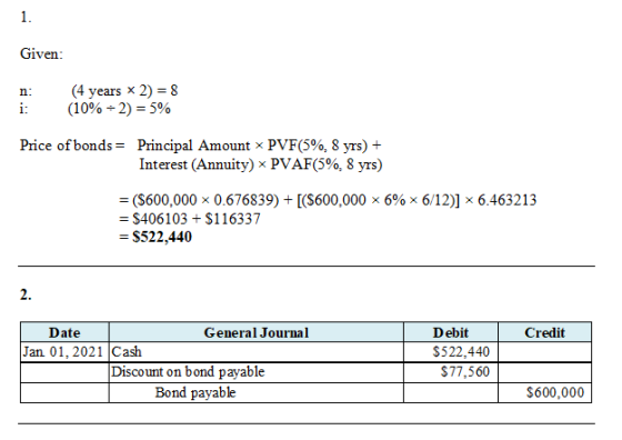 1. Given: (4 years x 2) = 8 (10% + 2) = 5% n: i: Price of bonds = Principal Amount x PVF(5%, 8 yrs) + Interest (Annuity) x PV
