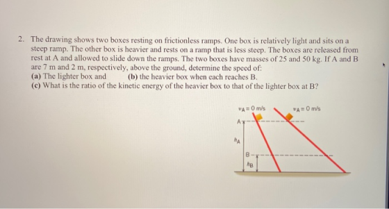 2. The drawing shows two boxes resting on frictionless ramps. One box is relatively light and sits on a steep ramp. The other