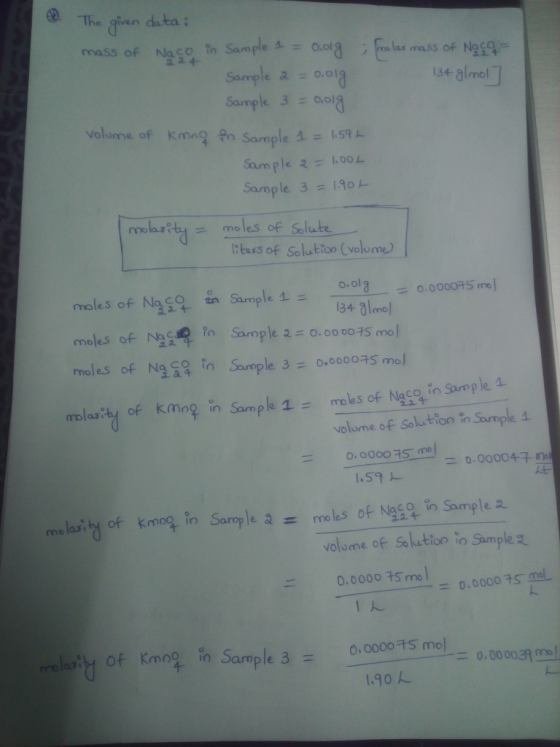The given da ta i nass of Nacom Sample소=0.0( lar mass of N Sample a - aoig Sample 3 aol 134 almol volume of Kma? Pn Sample 소 = 1.57 Sample 1, oo L Sample 3 = (90 mwhs tmales of Salute tuss of Solution (volome moles of N sSample 1-0130.0005 m moles of N Pn ample1:0.000075 mol moles of NS, ın Sample 3; 0,000075 mol 소ニ 134 m molantd of kmng in Sample: moles of NaC%inSarpka mplazity of kmog in volime of salution in Sample 4 -0.000015 = o.oooo 구S. (nol 二 0.0000++ n molaïb or kmo.in Sample à = moles of NaconSample2 volome of Solution io Samplez ニ 0.0000 75mol = 0.000075-mel 1ん of Kmn, do Sample 3- o.ooootsmol-ニ0.0000チml 190人