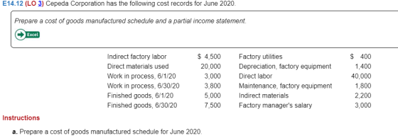 E14.12 (LO 3) Cepeda Corporation has the following cost records for June 2020. Prepare a cost of goods manufactured schedule