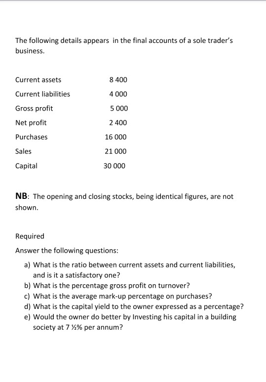 The following details appears in the final accounts of a sole traders business. 8 400 Current assets Current liabilities Gro