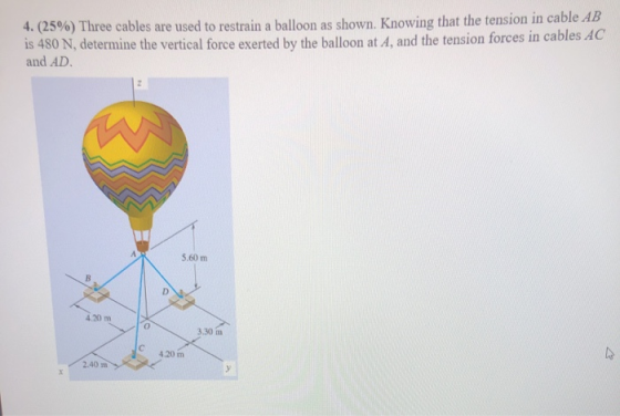 4. (25%) Three cables are used to restrain a balloon as shown. Knowing that the tension in cable AB is 480 N, determine the v