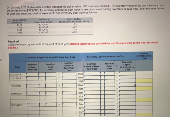 On January 1, 2018 Avondale Lumber adopted the dollar-value LIFO inventory method. The inventory value for its one inventory