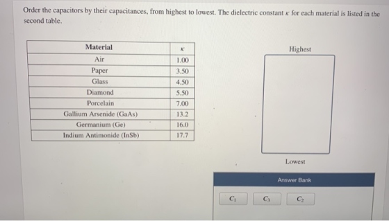 Order the capacitors by their capacitances, from highest to lowest. The dielectric constant for each material is listed in th